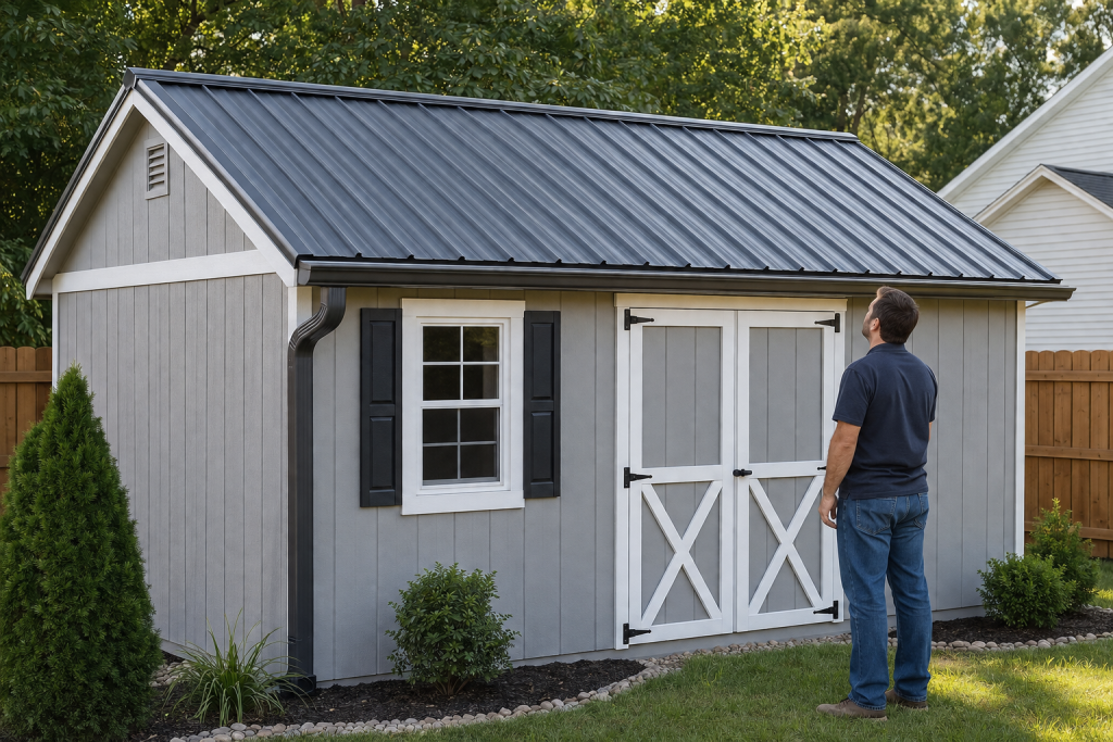 finished metal roof on a shed with clean panels ridge cap and trim