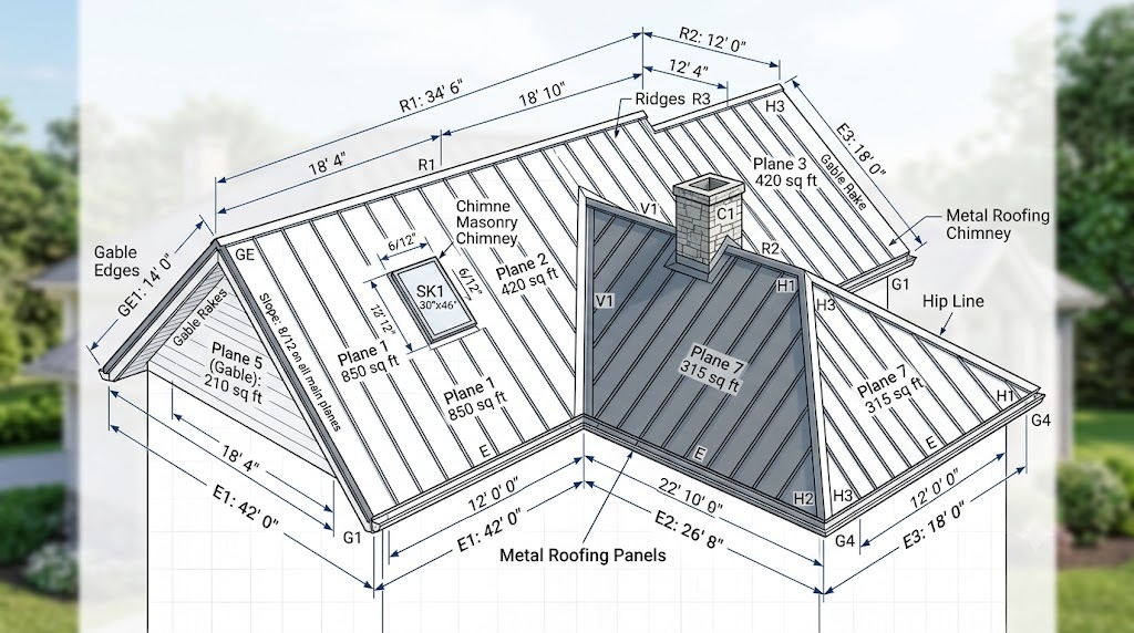 how to measure a roof for metal roofing with ridges valleys eaves and roof planes shown