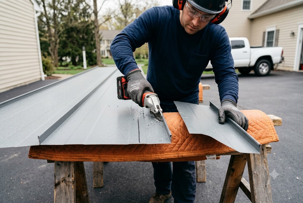 How to cut metal roofing with electric shears on supported sawhorses