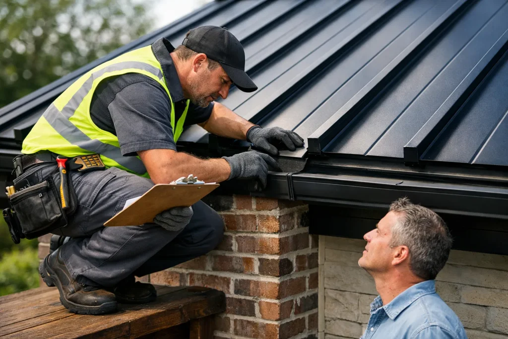 roofing contractor inspecting whether metal roofs are better than shingles for a home