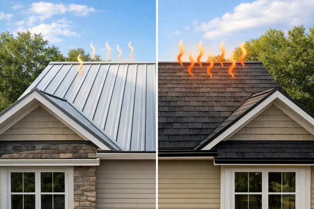 are metal roofs cooler than shingles comparison on a residential home