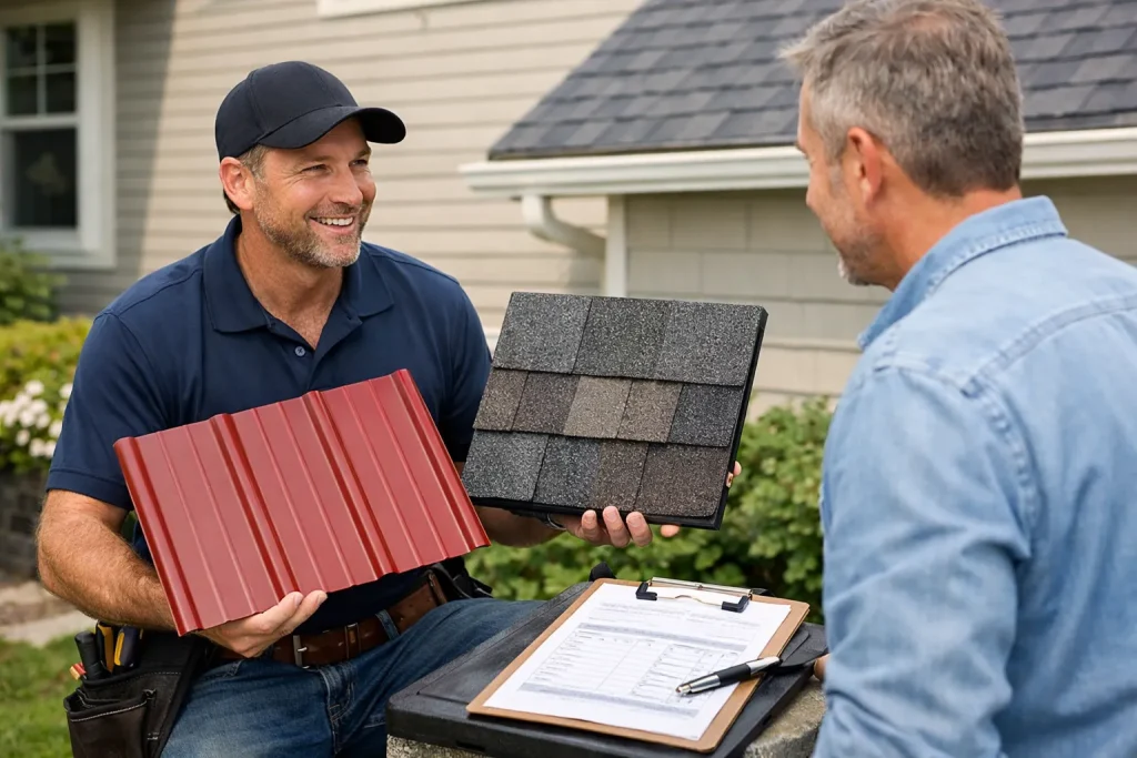 roofing contractor explaining is a metal roof cheaper than shingles to a homeowner