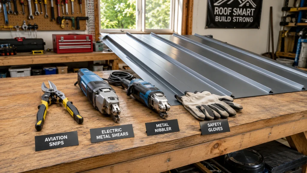 Common tools used to cut metal roofing panels safely