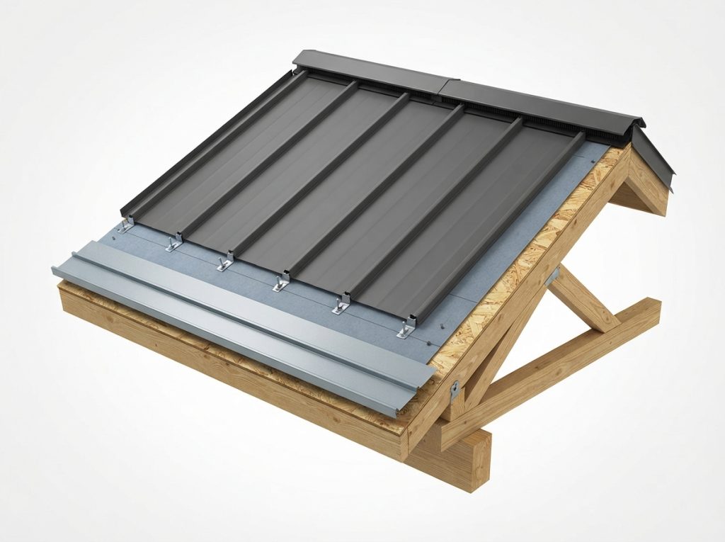 standing seam metal roofing installation layers with underlayment clips flashing and panels