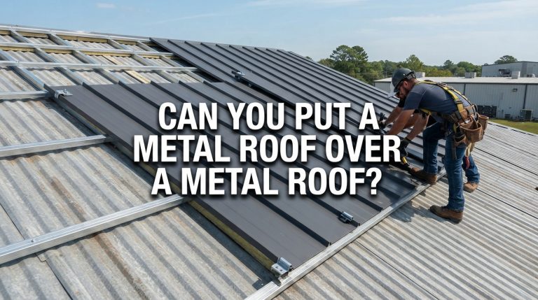 contractor installing new metal roof over existing metal roof on suburban home