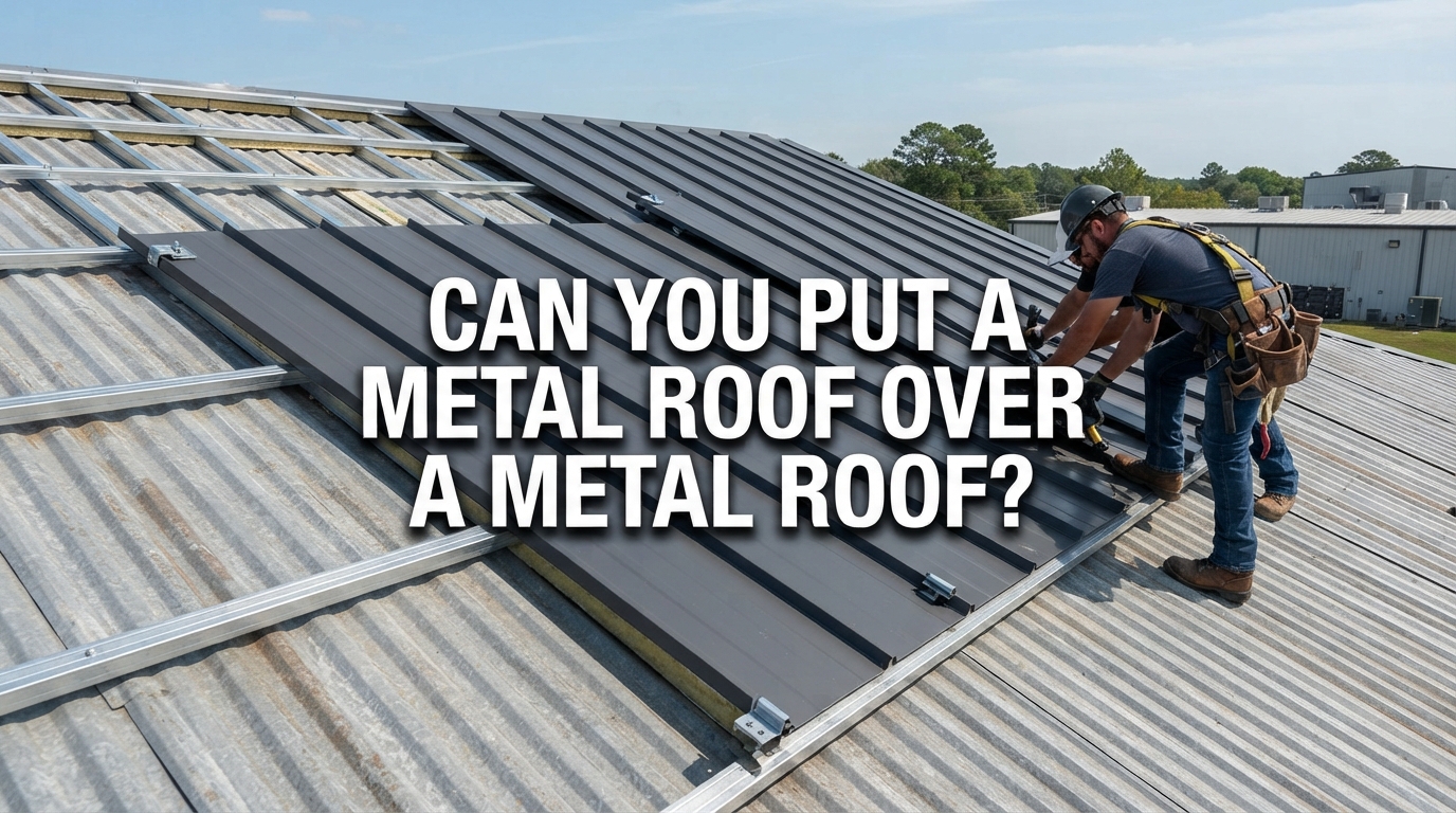 contractor installing new metal roof over existing metal roof on suburban home