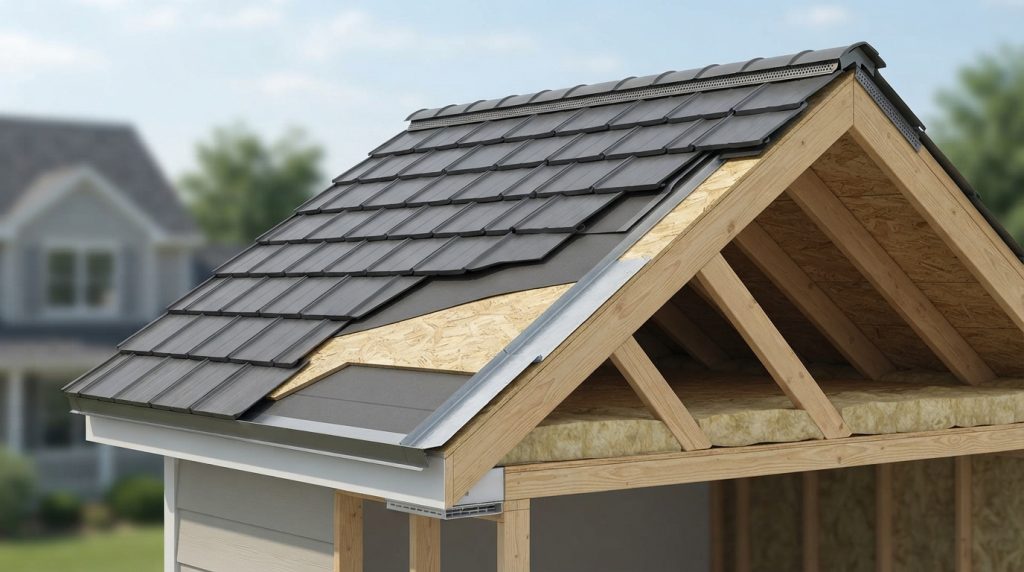 how to install metal roof shingles with underlayment flashing and ridge cap components