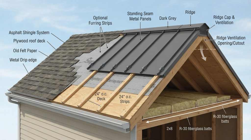 can you switch from shingles to metal roofing with underlayment and roof deck layers