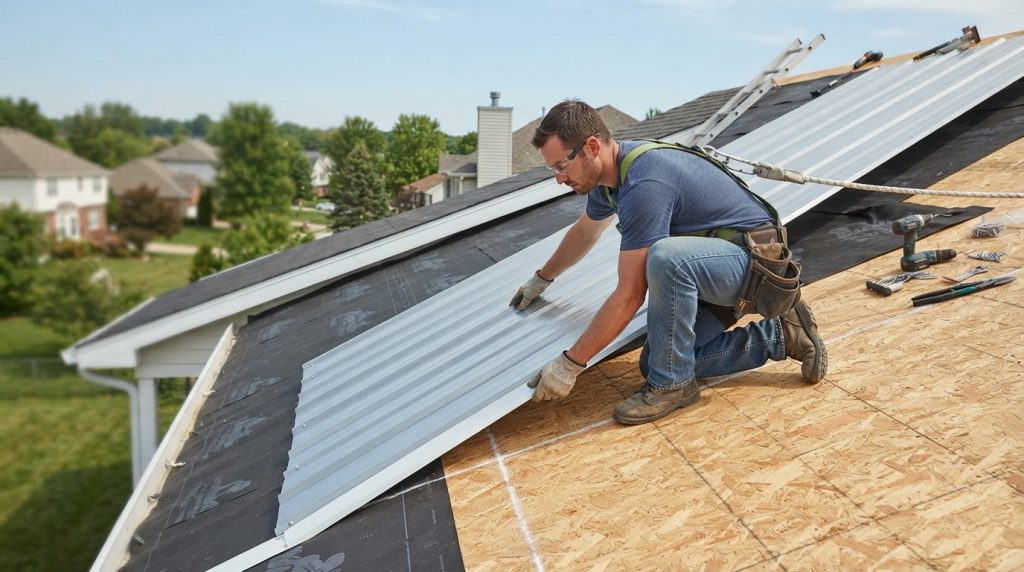 how to install corrugated metal roofing with the first panel aligned at the roof eave