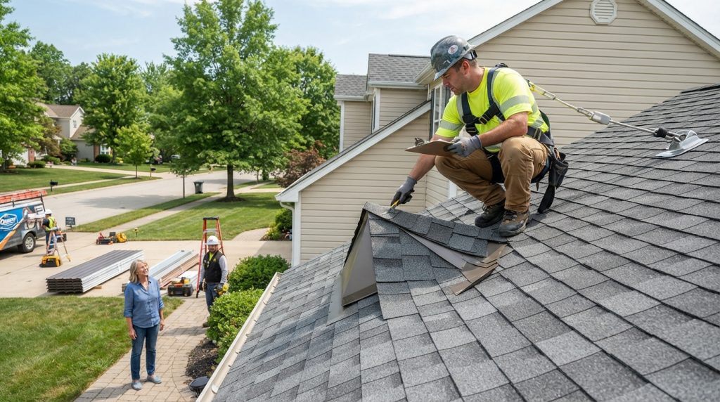 roofing contractor inspecting roof before installing metal roofing over shingles