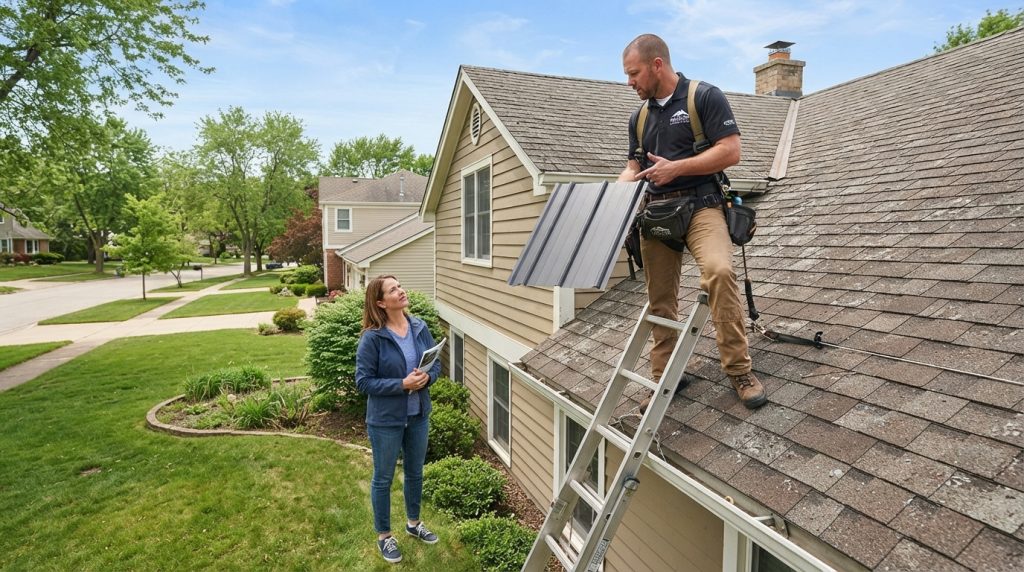 roofing contractor inspecting if you can switch from shingles to metal roofing