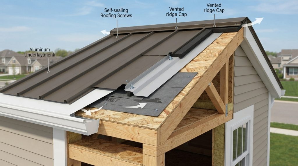 how to install metal roofing over plywood with underlayment and metal panels