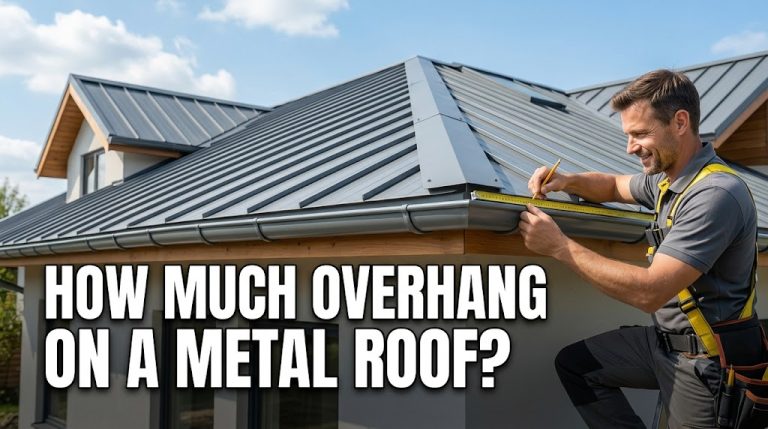 Roofer measuring how much overhang on a metal roof at the eave