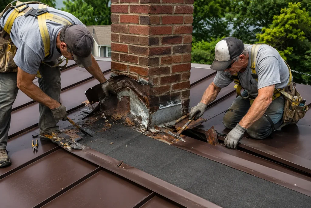 Old chimney flashing being removed from a metal roof before replacement