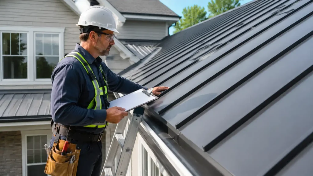 roofing contractor inspecting a metal roof for fading and coating wear