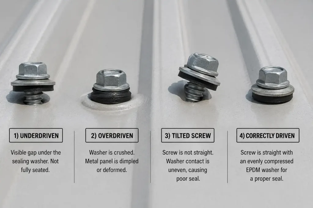Correct and incorrect metal roof screw washer installation
