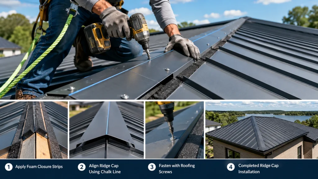 How to install ridge cap on metal hip roof with closure strips and roofing screws.