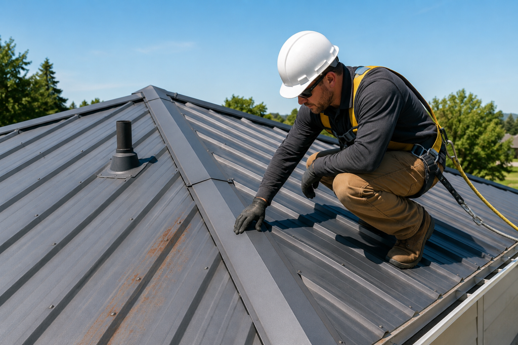 Roofer inspecting common leak locations before determining how to repair a metal roof