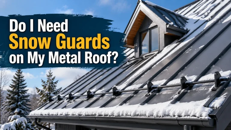 Snow guards preventing snow from sliding off a residential metal roof.