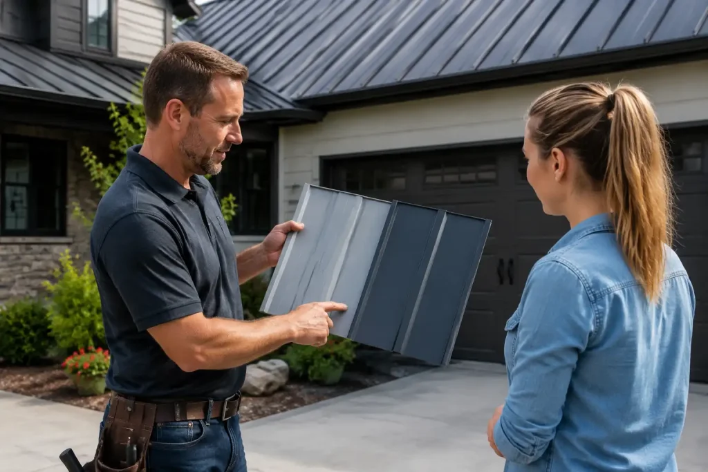 homeowner comparing metal roofing colors for heating and cooling bills