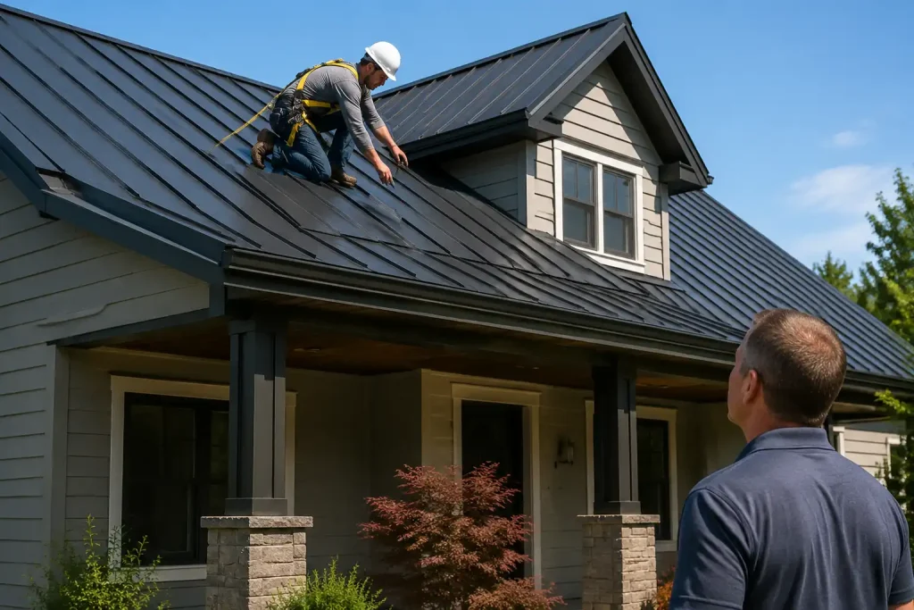 roofing contractor inspecting metal roof color and finish safely