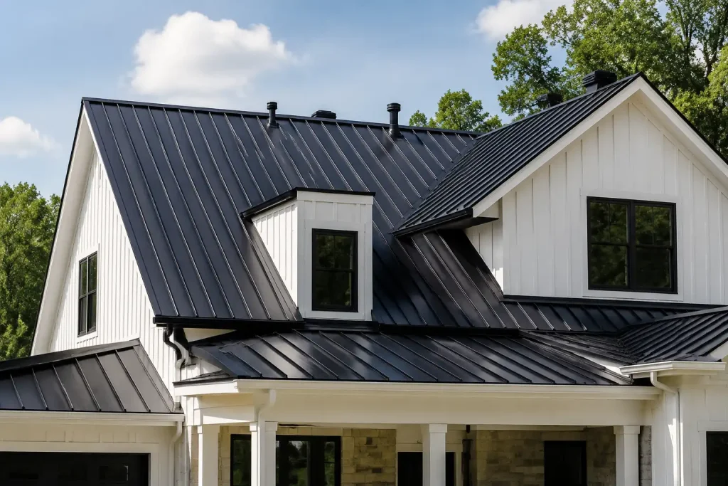 black metal roof on modern suburban home with standing seam panels