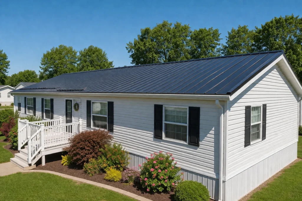 finished metal roof on a mobile home with proper flashing and trim