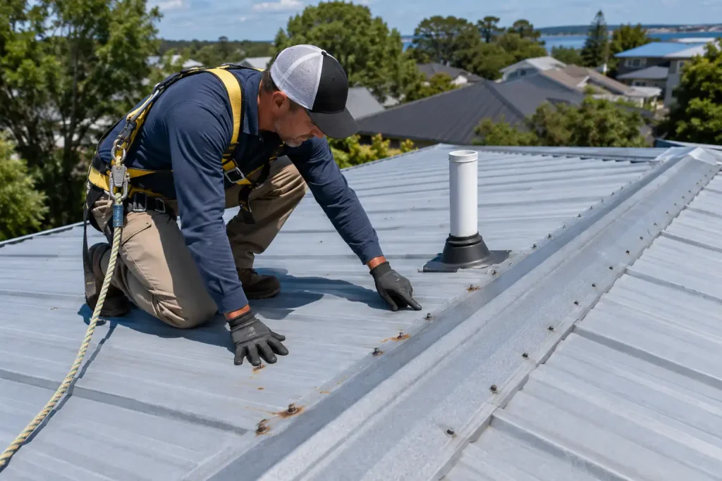 Inspection showing how to stop a metal roof from leaking around screws, seams, and vents