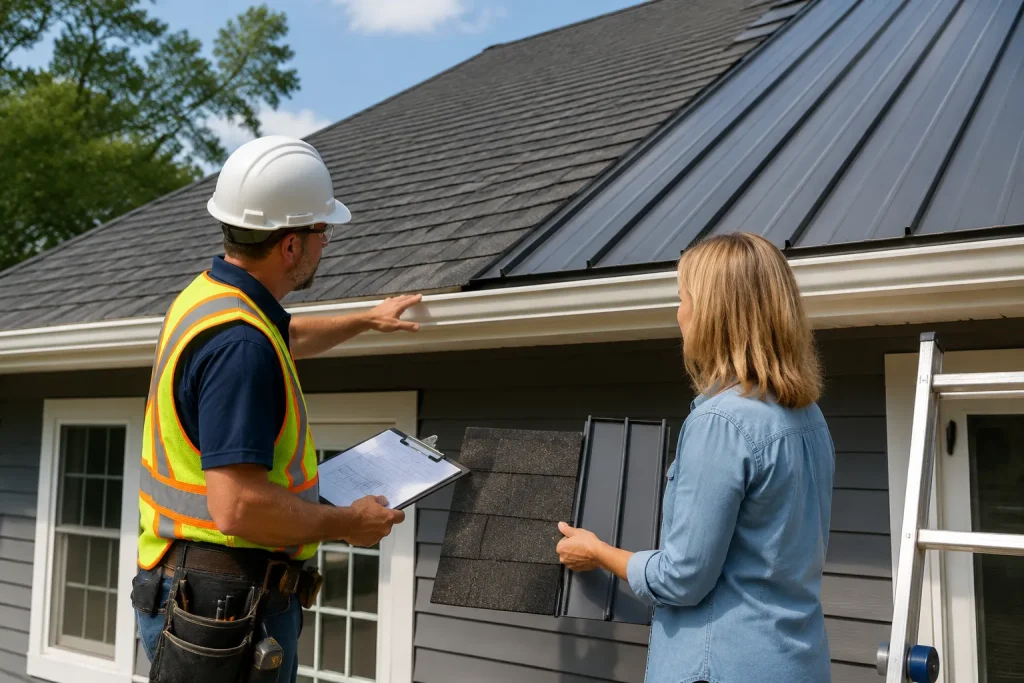 roofing contractor explaining how much more is a metal roof than shingles to a homeowner