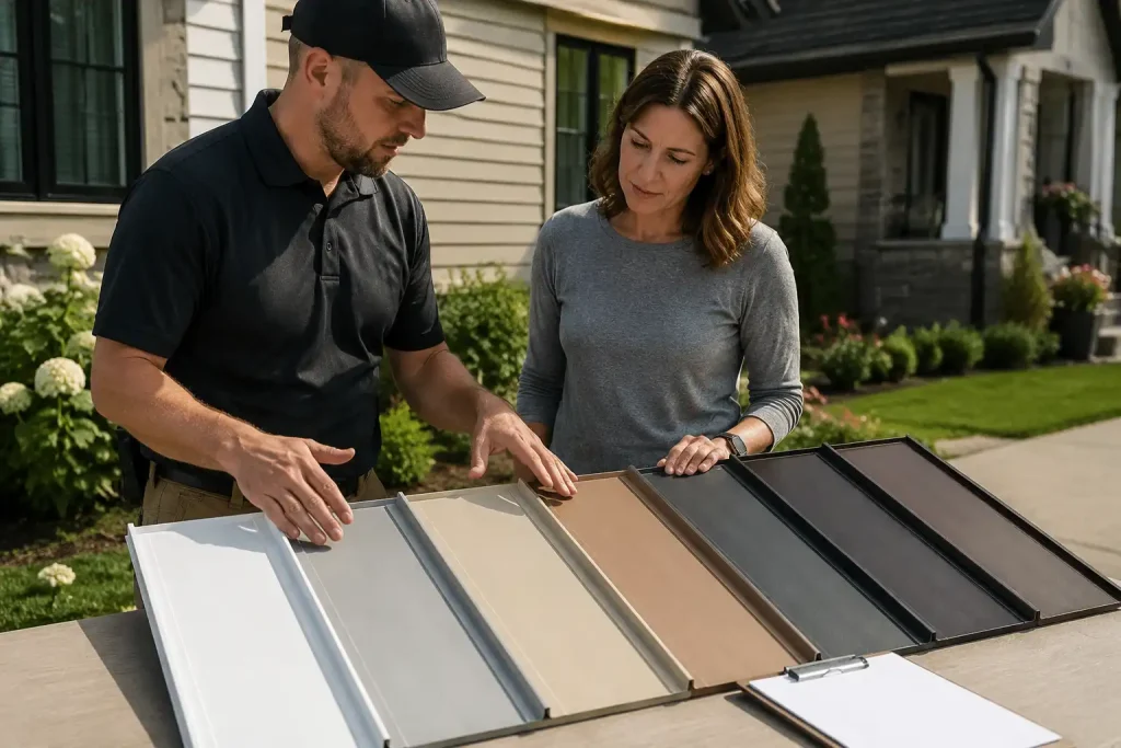 homeowner choosing what color metal roof reflects most heat using metal roof samples