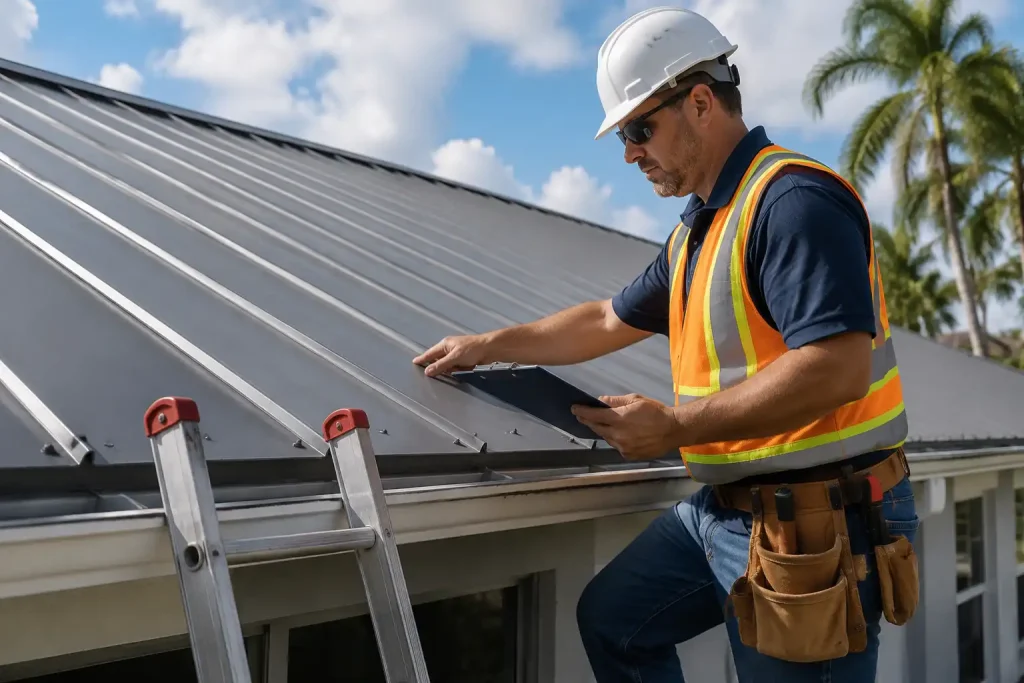 Florida roofing professional inspecting a metal roof before replacement