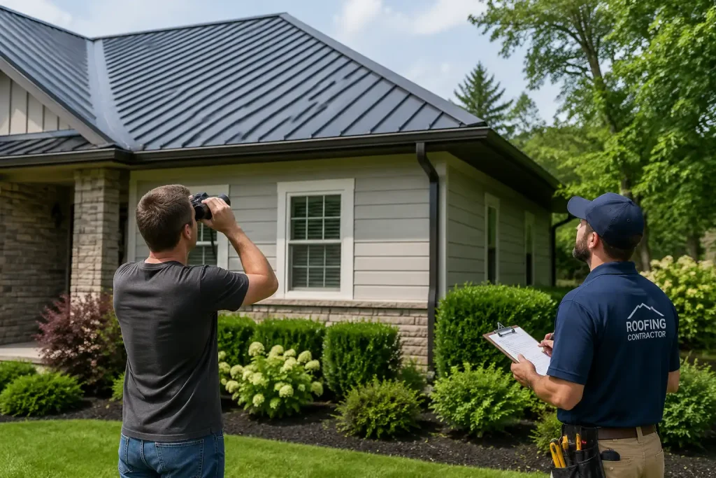homeowner inspecting a metal roof safely from the ground without slipping