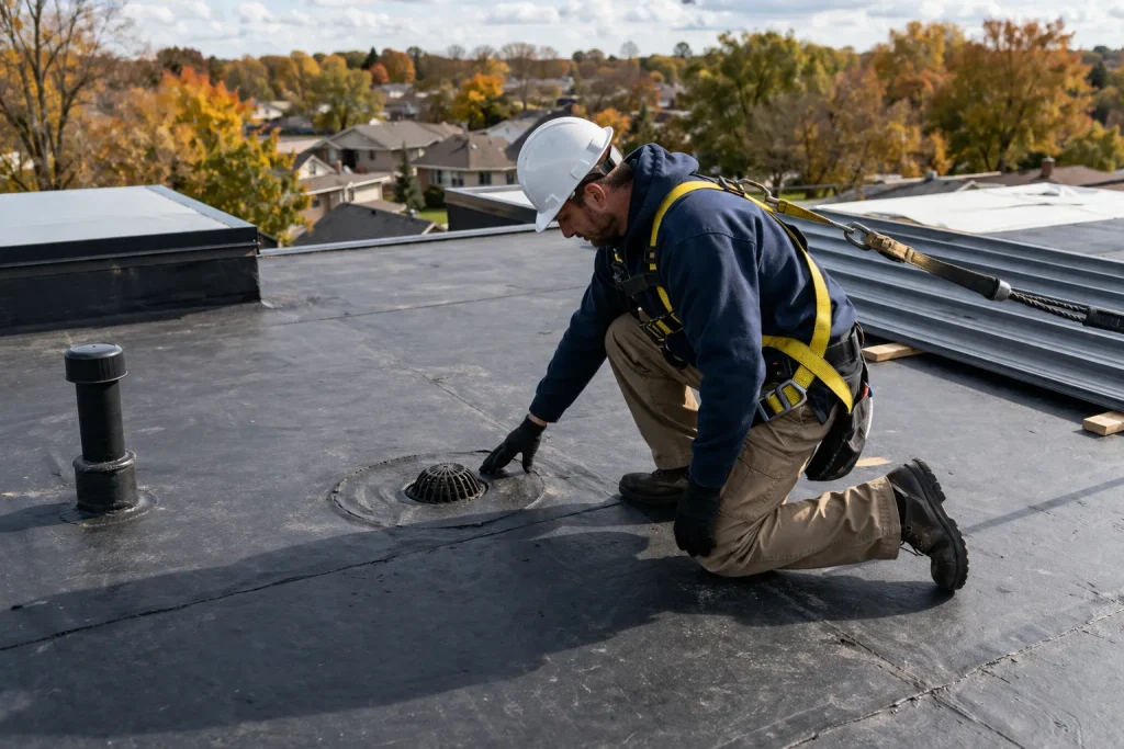 roofing contractor inspecting flat roof before metal roofing installation