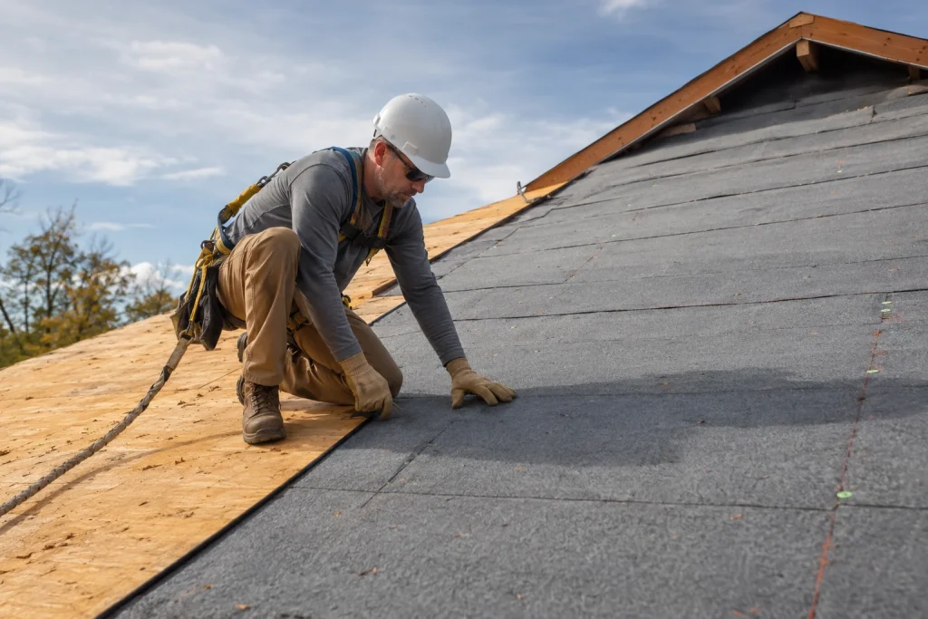 roofing contractor inspecting underlayment under metal roofing