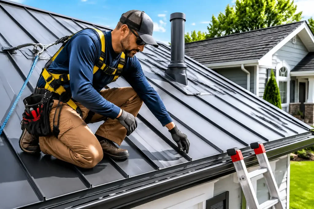 professional roofer inspecting metal roof after homeowner asks can you walk on a metal roof