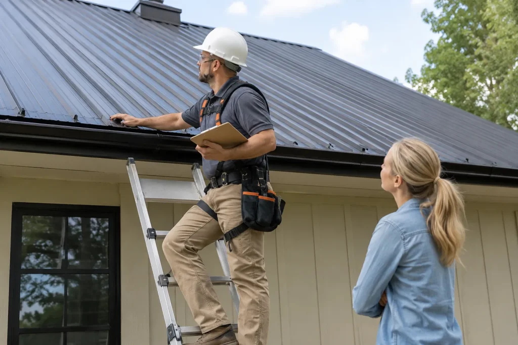 roofing professional explaining why metal roofs are so expensive during home inspection