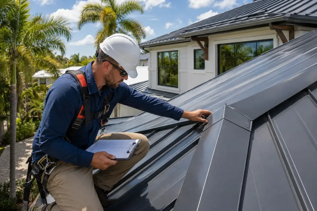 roofing contractor inspecting how long metal roofs last in Florida home roof
