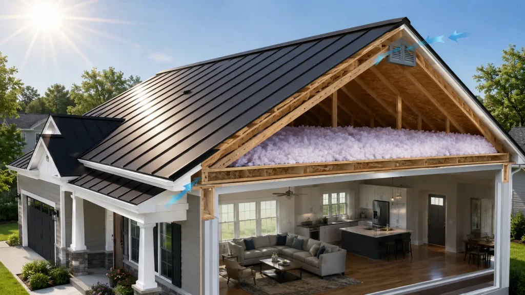 are black metal roofs hotter surface heat comparison on a suburban home
