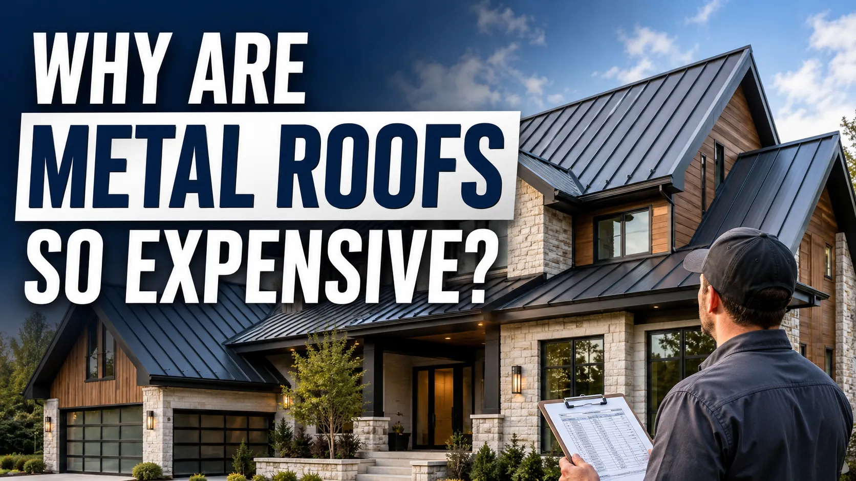 roofing professional explaining why metal roofs are so expensive during home inspection
