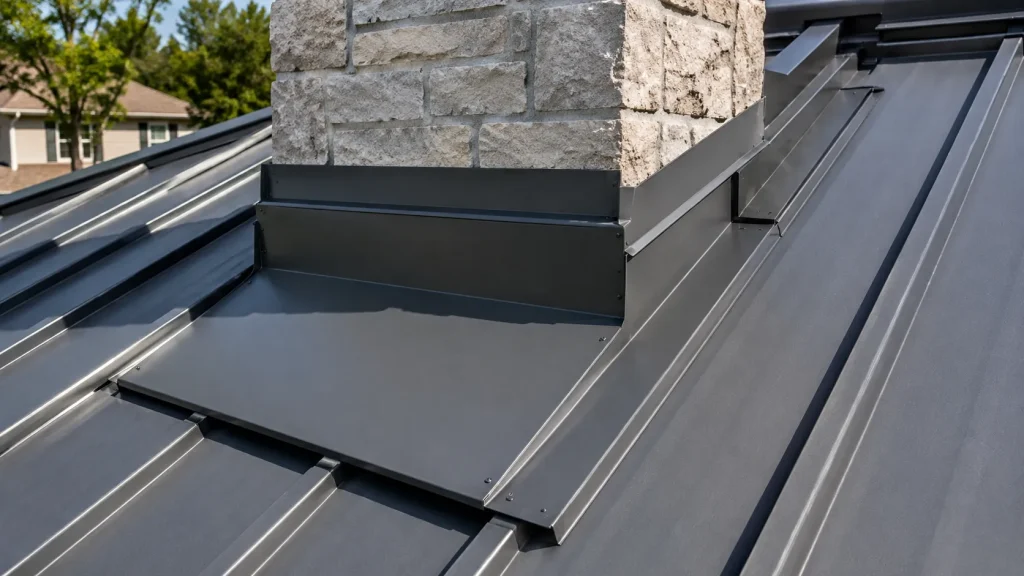 Proper chimney flashing installed on a standing seam metal roof