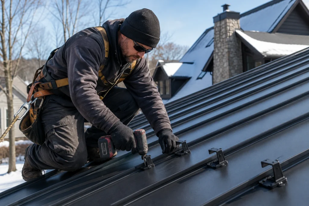 professional installing snow guards on metal roof