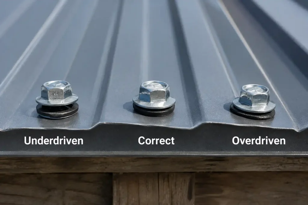 Correct and incorrect screw depth when learning how to fasten metal roofing