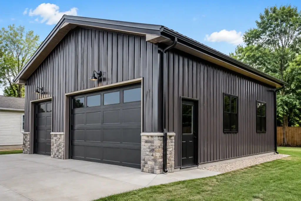 metal roofing panels used as siding on a residential garage exterior
