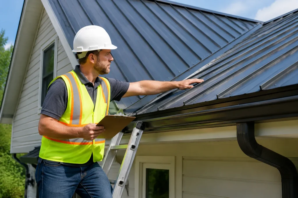 roofing professional inspecting whether a metal roof increases home value