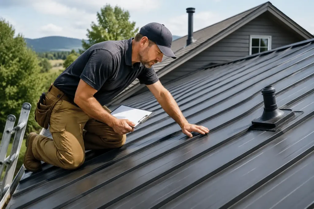 roofing contractor inspecting metal roof before solar panel installation