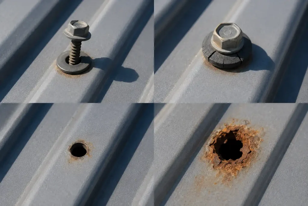 Different types of screw holes in a metal roof requiring repair