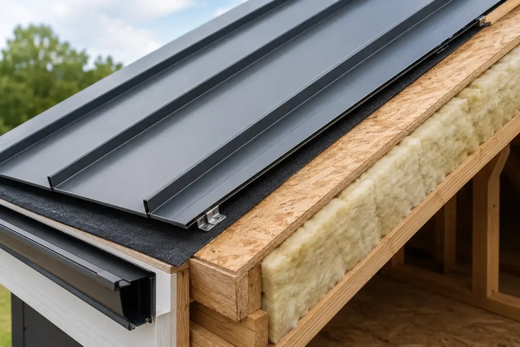 Class A fire-resistant metal roof assembly with panels, underlayment, and roof deck