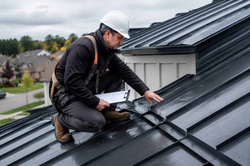 roofing contractor inspecting how to reduce rain noise on metal roof