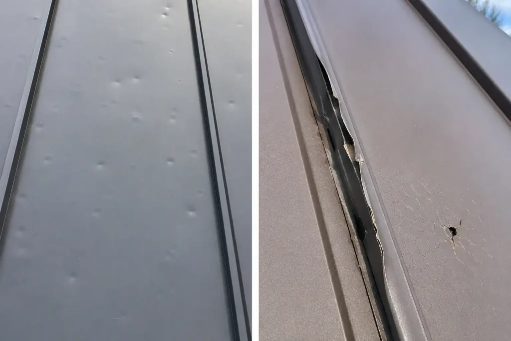 Functional and cosmetic hail damage to a metal roof