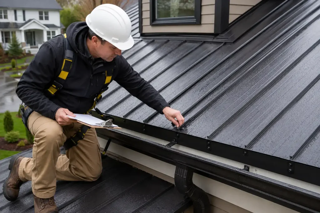 metal roof rain noise inspection around flashing and gutters